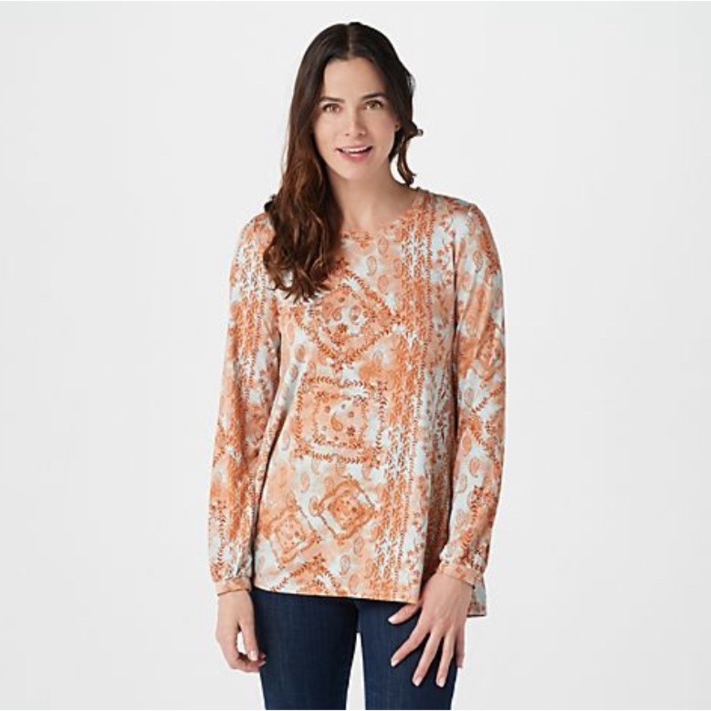 3 LOGO BOHO Bandana Print High Low Hem Bohemian Tops With Cuff Sleeves - Picture 2 of 16
